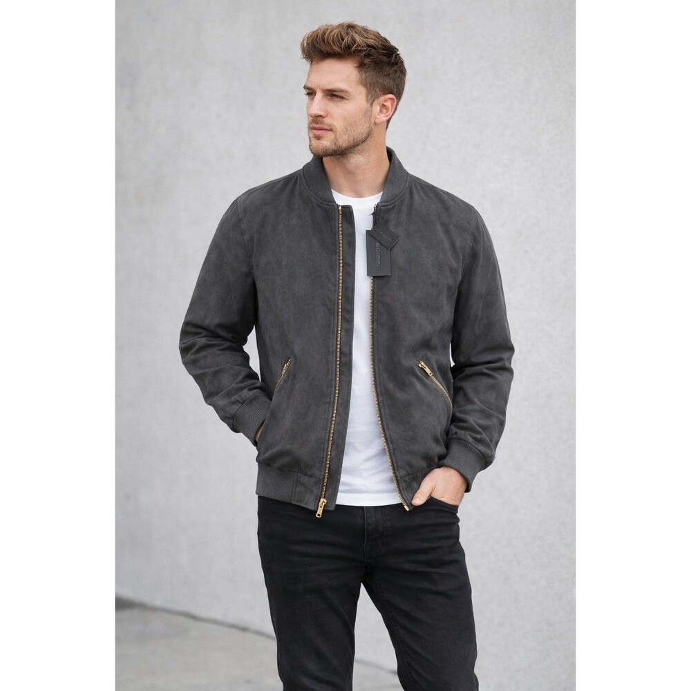 Decibel Gray Bomber Jacket Mens Zip Up FauxSuede Look Ribbed Trim Pockets NWT XL